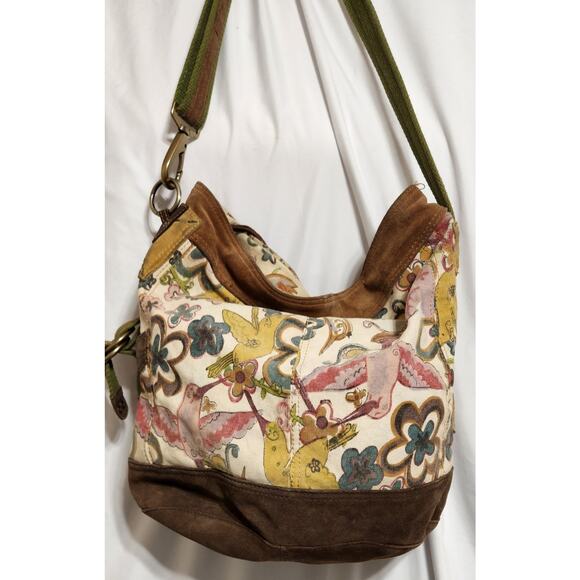 Y2k Lucky Brand Vintage Boho Chic Hobo Bag Hummingbirds Flowers Suede See Pics - Picture 2 of 9